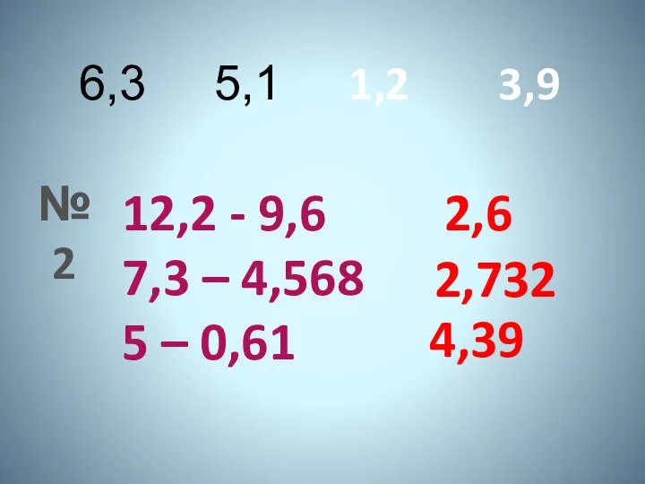 1,2 3,9 12,2 - 9,6 7,3 – 4,568 5 – 0,61 2,6 2,732 4,39 №2