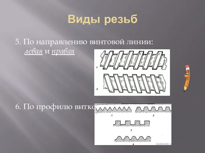 Виды резьб 5. По направлению винтовой линии: левая и правая 6. По профилю витков: