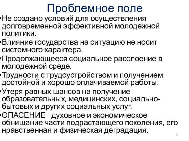 Проблемное поле Не создано условий для осуществления долговременной эффективной молодежной политики. Влияние