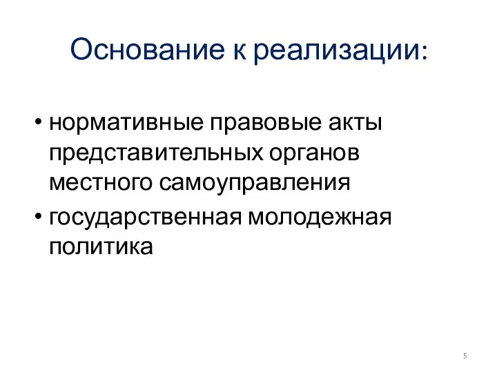 Основание к реализации: нормативные правовые акты представительных органов местного самоуправления государственная молодежная политика