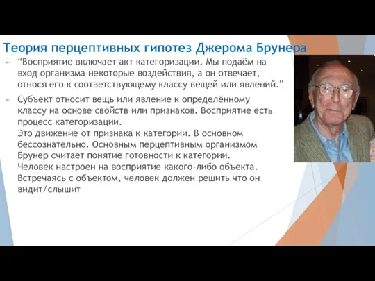 Теория перцептивных гипотез Джерома Брунера “Восприятие включает акт категоризации. Мы подаём на