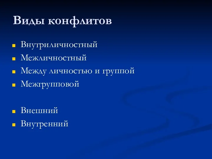 Виды конфлитов Внутриличностный Межличностный Между личностью и группой Межгрупповой Внешний Внутренний