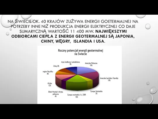 NA ŚWIECIE OK. 40 KRAJÓW ZUŻYWA ENERGII GOETERMALNEJ NA POTRZEBY INNE NIŻ