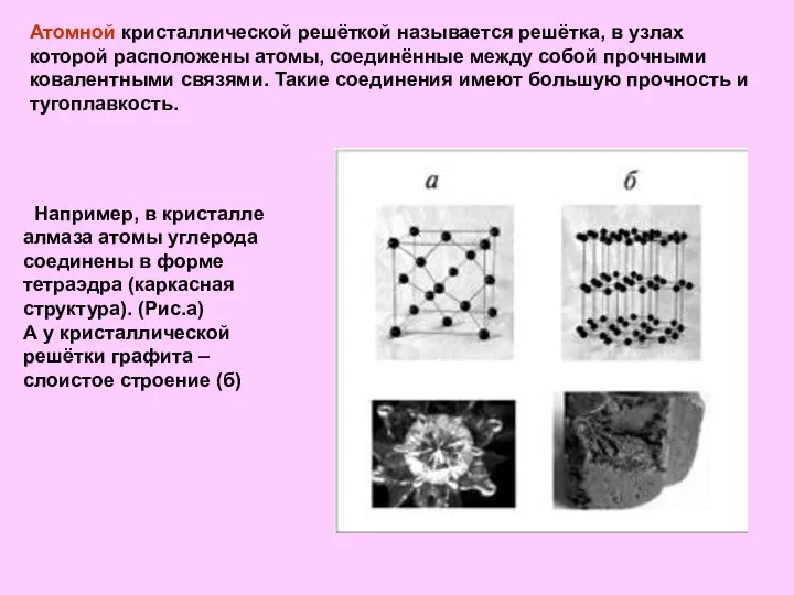 Атомной кристаллической решёткой называется решётка, в узлах которой расположены атомы, соединённые между