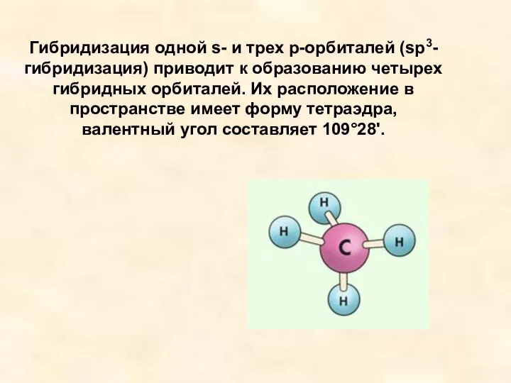 Гибридизация одной s- и трех р-орбиталей (sр3-гибридизация) приводит к образованию четырех гибридных