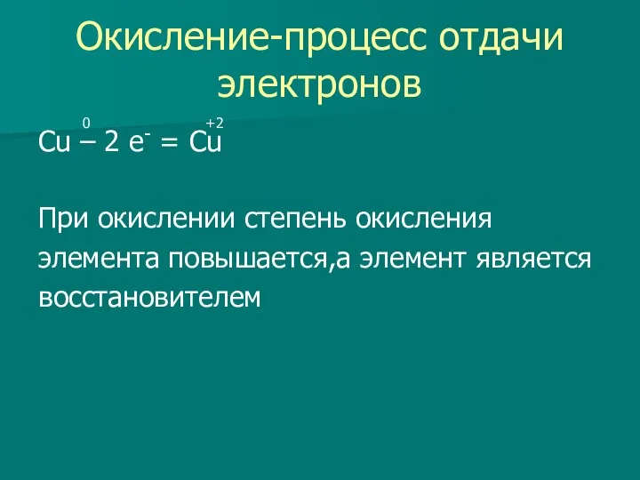 Окисление-процесс отдачи электронов 0 +2 Cu – 2 e- = Cu При