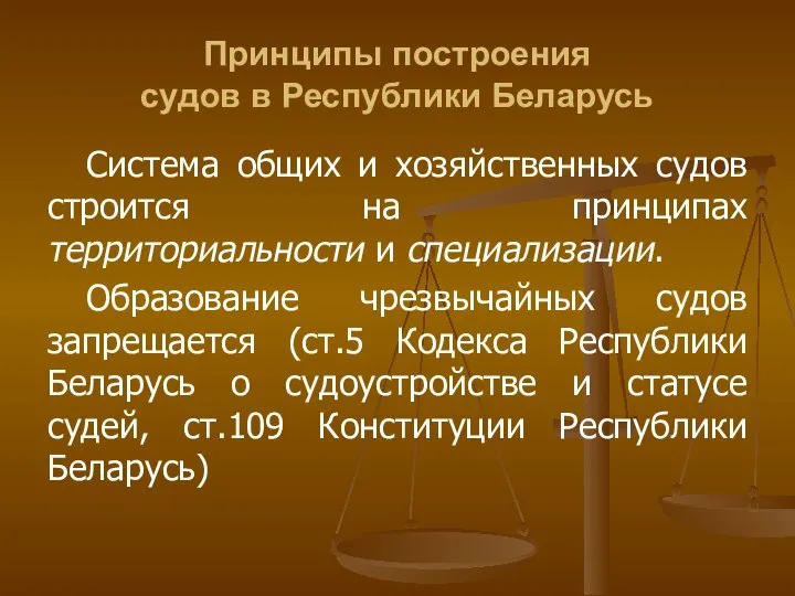 Принципы построения судов в Республики Беларусь Система общих и хозяйственных судов строится