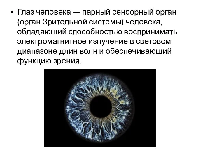 Глаз человека — парный сенсорный орган (орган Зрительной системы) человека, обладающий способностью