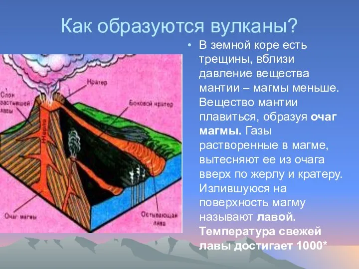 Как образуются вулканы? В земной коре есть трещины, вблизи давление вещества мантии