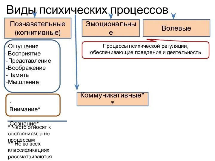 Познавательные (когнитивные) Виды психических процессов Эмоциональные Волевые Коммуникативные** Ощущения Восприятие Представление Воображение