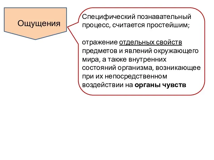 Ощущения Специфический познавательный процесс, считается простейшим; отражение отдельных свойств предметов и явлений