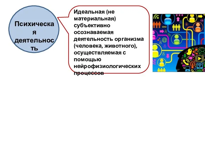 Психическая деятельность Идеальная (не материальная) субъективно осознаваемая деятельность организма (человека, животного), осуществляемая с помощью нейрофизиологических процессов