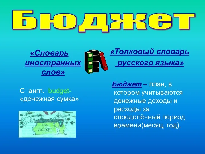 Бюджет «Словарь иностранных слов» С англ. budget- «денежная сумка» «Толковый словарь русского