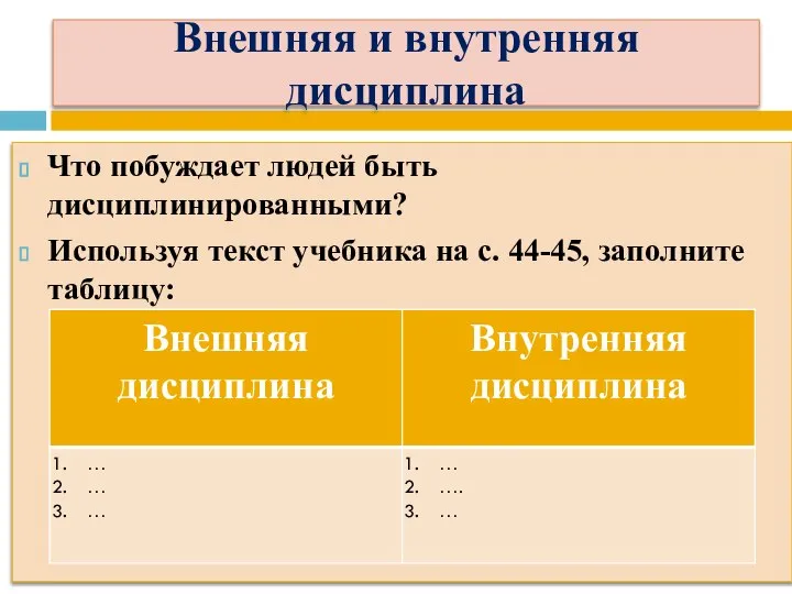 Внешняя и внутренняя дисциплина Что побуждает людей быть дисциплинированными? Используя текст учебника