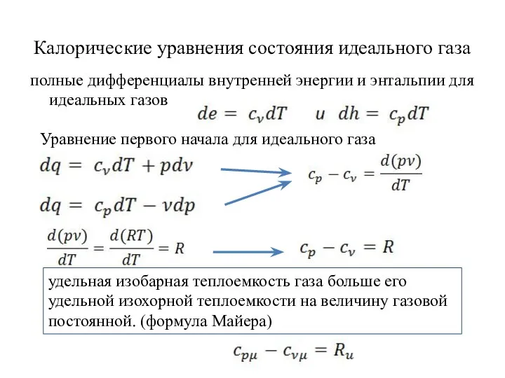 Калорические уравнения состояния идеального газа полные дифференциалы внутренней энергии и энтальпии для