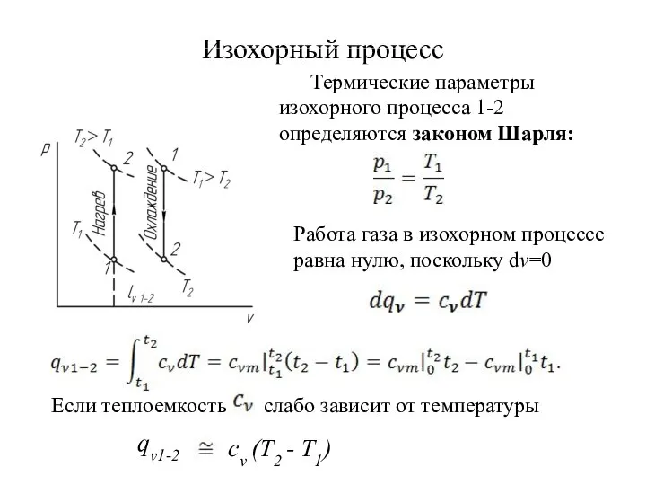 Изохорный процесс Работа газа в изохорном процессе равна нулю, поскольку dν=0 Если