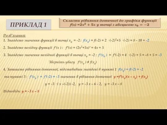 Розв’язання: 1. Знайдемо значення функції в точці x0 = -2 : f(x0)