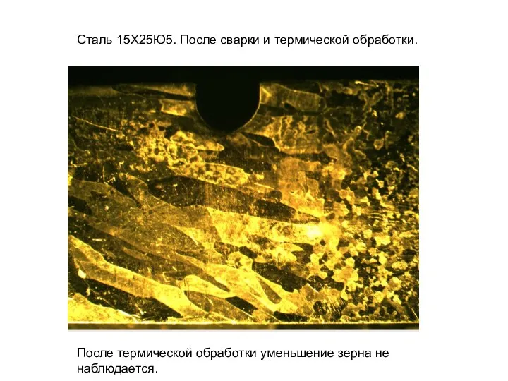 Сталь 15Х25Ю5. После сварки и термической обработки. После термической обработки уменьшение зерна не наблюдается.