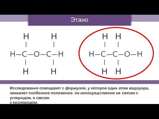 Этанол Исследования совпадают с формулой, у которой один атом водорода, занимает особенное