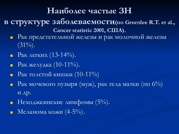 Наиболее частые ЗН в структуре заболеваемости(по Greenlee R.T. et al., Cancer statistic