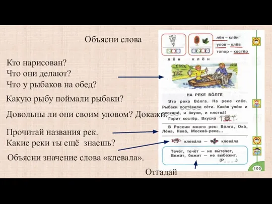 Объясни слова Кто нарисован? Что они делают? Что у рыбаков на обед?