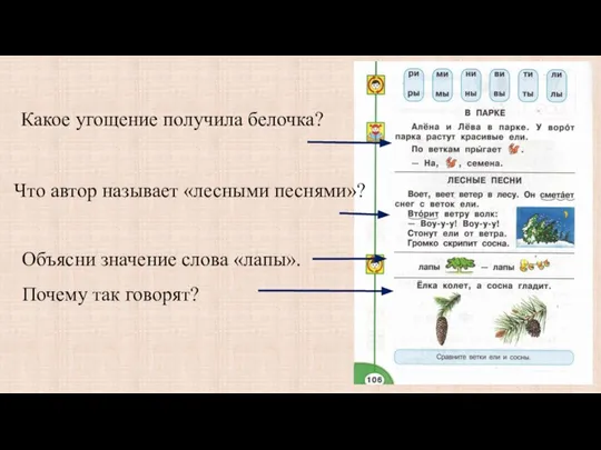 Какое угощение получила белочка? Что автор называет «лесными песнями»? Объясни значение слова «лапы». Почему так говорят?