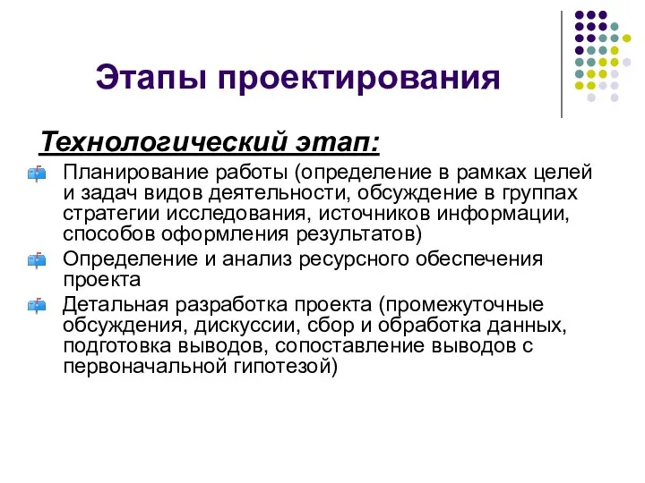 Этапы проектирования Технологический этап: Планирование работы (определение в рамках целей и задач