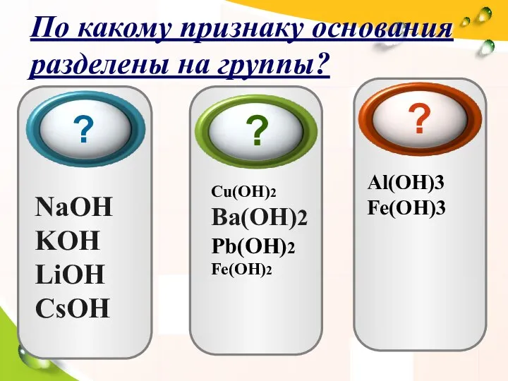 По какому признаку основания разделены на группы? NaOH KOH LiOH СsOH Cu(OH)2