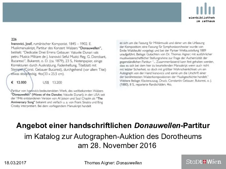 Angebot einer handschriftlichen Donauwellen-Partitur im Katalog zur Autographen-Auktion des Dorotheums am 28.