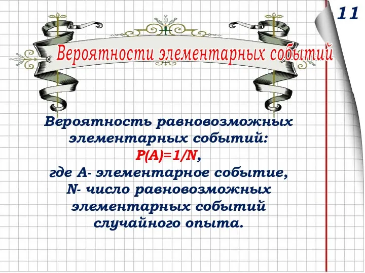 Вероятности элементарных событий Вероятность равновозможных элементарных событий: Р(А)=1/N, где А- элементарное событие,