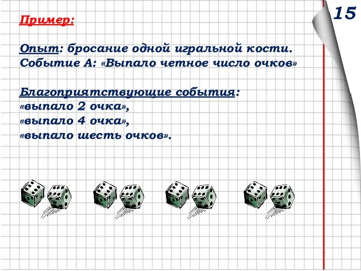 Пример: Опыт: бросание одной игральной кости. Событие А: «Выпало четное число очков»