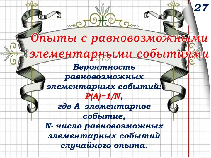 Опыты с равновозможными элементарными событиями Вероятность равновозможных элементарных событий: Р(А)=1/N, где А-