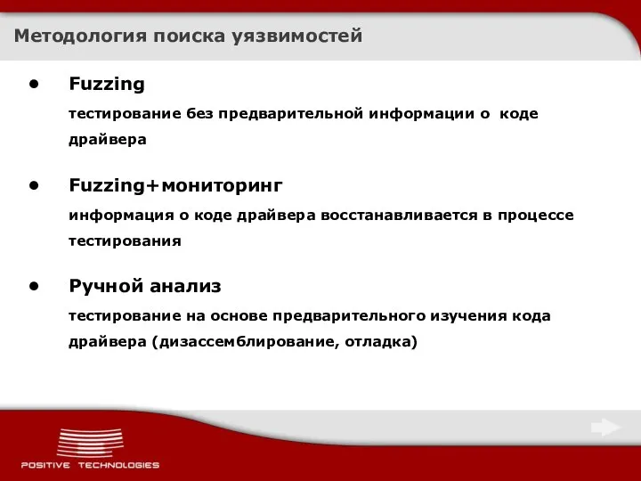 Методология поиска уязвимостей Fuzzing тестирование без предварительной информации о коде драйвера Fuzzing+мониторинг