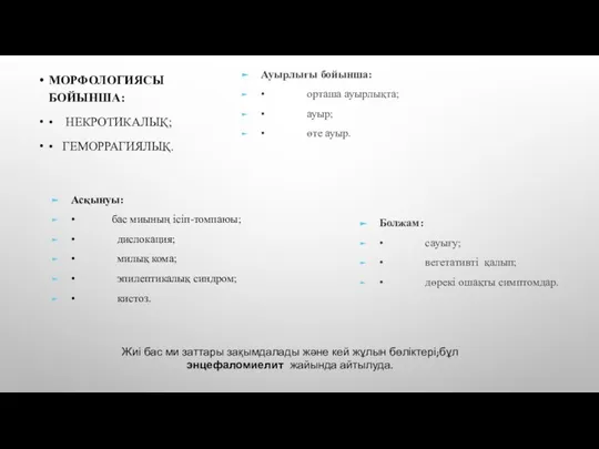 МОРФОЛОГИЯСЫ БОЙЫНША: • НЕКРОТИКАЛЫҚ; • ГЕМОРРАГИЯЛЫҚ. Ауырлығы бойынша: • орташа ауырлықта; •