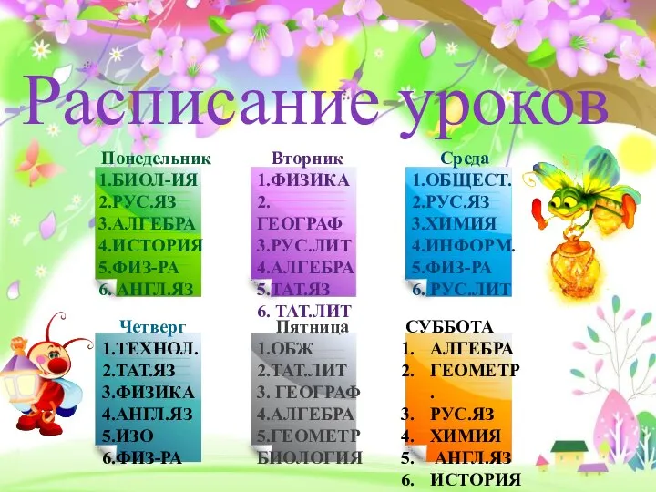 Расписание уроков Вторник 1.ФИЗИКА 2.ГЕОГРАФ 3.РУС.ЛИТ 4.АЛГЕБРА 5.ТАТ.ЯЗ 6. ТАТ.ЛИТ Пятница 1.ОБЖ