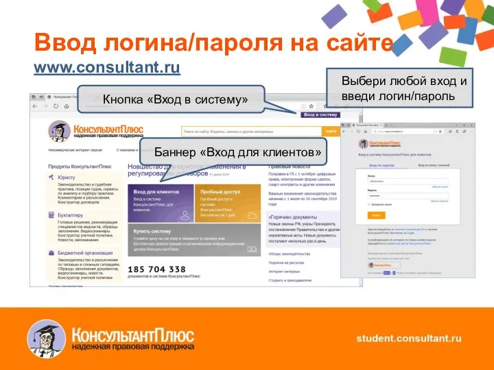 Ввод логина/пароля на сайте www.consultant.ru Кнопка «Вход в систему» Баннер «Вход для