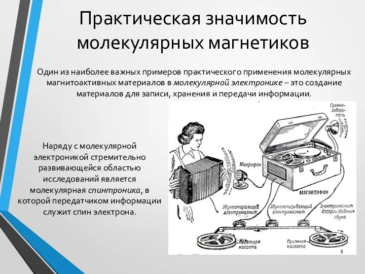 Практическая значимость молекулярных магнетиков Один из наиболее важных примеров практического применения молекулярных