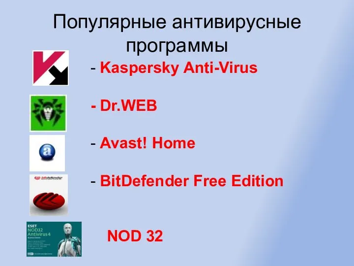 Популярные антивирусные программы - Kaspersky Anti-Virus - Dr.WEB - Avast! Home -
