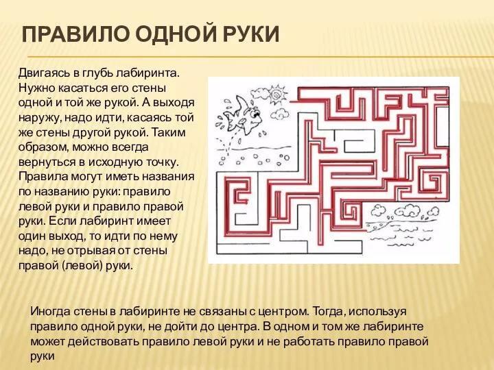 ПРАВИЛО ОДНОЙ РУКИ Двигаясь в глубь лабиринта. Нужно касаться его стены одной