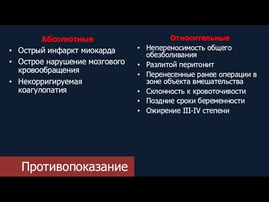 Противопоказание Относительные Непереносимость общего обезболивания Разлитой перитонит Перенесенные ранее операции в зоне