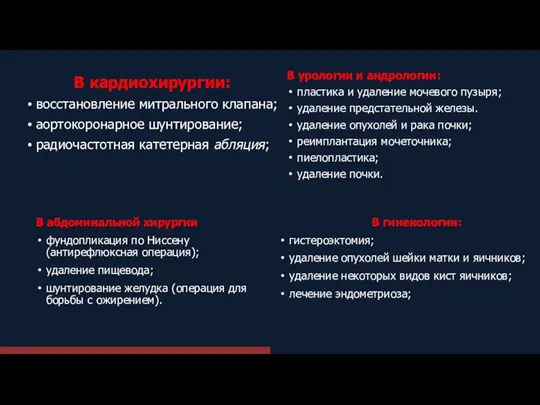 В абдоминальной хирургии фундопликация по Ниссену (антирефлюксная операция); удаление пищевода; шунтирование желудка