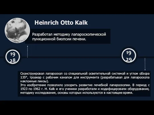 Heinrich Otto Kalk Разработал методику лапароскопической пункционной биопсии печени. Сконструировал лапароскоп со