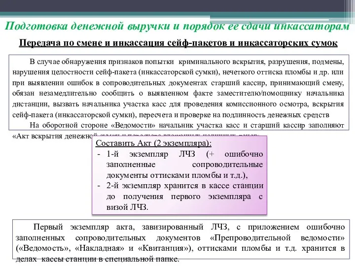 В случае обнаружения признаков попытки криминального вскрытия, разрушения, подмены, нарушения целостности сейф-пакета