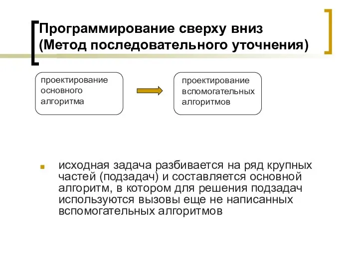 Программирование сверху вниз (Метод последовательного уточнения) исходная задача разбивается на ряд крупных