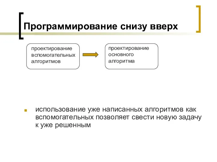 Программирование снизу вверх использование уже написанных алгоритмов как вспомогательных позволяет свести новую