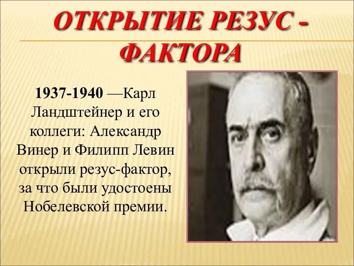 ОТКРЫТИЕ РЕЗУС - ФАКТОРА 1937-1940 —Карл Ландштейнер и его коллеги: Александр Винер