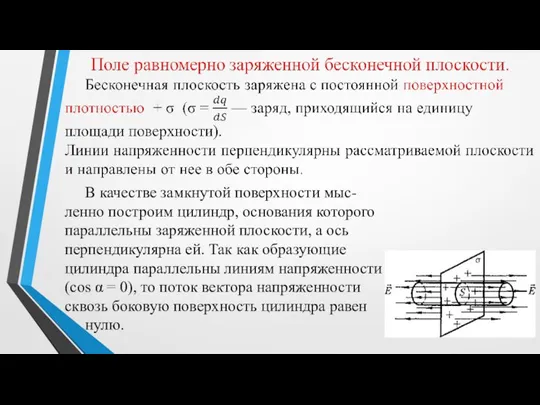 В качестве замкнутой поверхности мыс- ленно построим цилиндр, основания которого параллельны заряженной