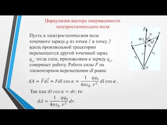 Циркуляция вектора напряженности электростатического поля Пусть в электростатическом поле точечного заряда q