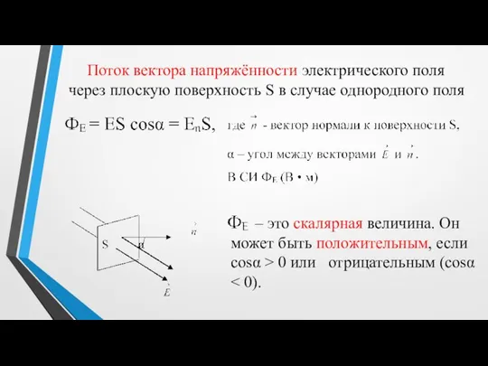 Поток вектора напряжённости электрического поля через плоскую поверхность S в случае однородного