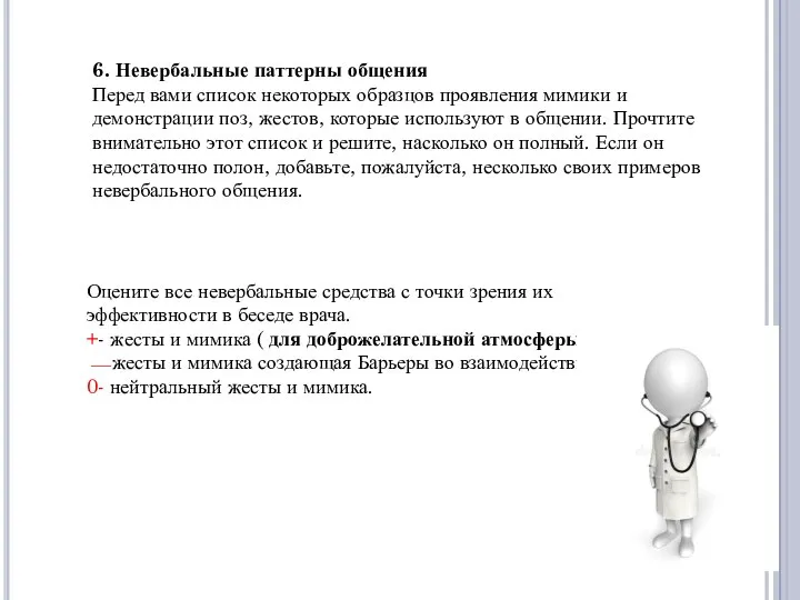 6. Невербальные паттерны общения Перед вами список некоторых образцов проявления мимики и